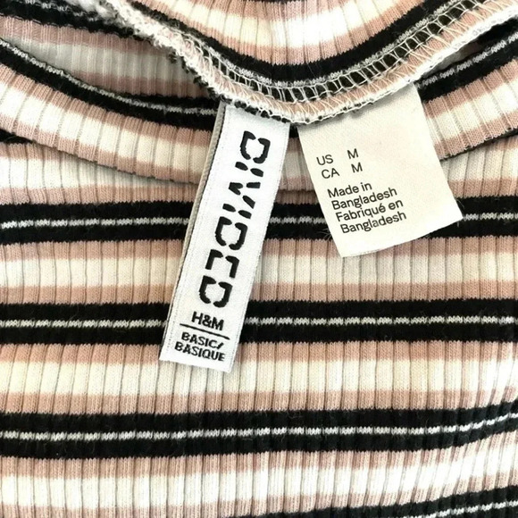 H&M Ribbed Baby Tee Jr Size Medium 90s Y2K Vibe Pink Black White Stripe Top Crew - Picture 2 of 10